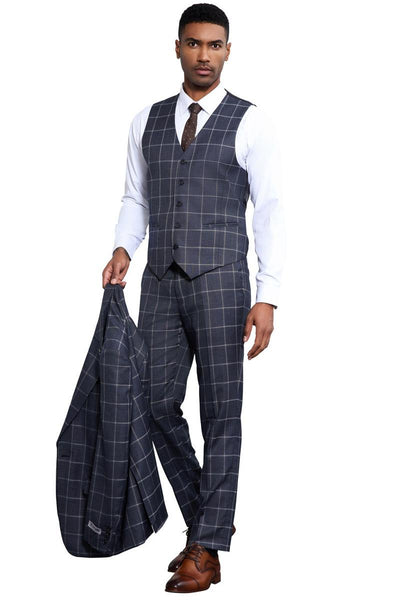 Men's Stacy Adams Classic One Button Vested Windowpane Suit in Charcoal Grey 5 SM178H1-30-38R  - from alligatorwarehouse.com