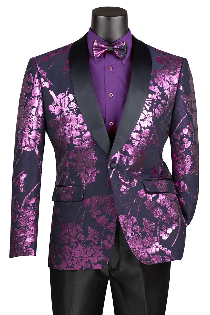 Men's Shiny Foil Floral Paisley Prom & Wedding Tuxedo Jacket in Purple Lavender Purple Prom Tuxedos