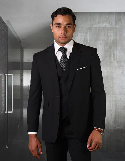 Mens 2 Button Slim Fit Wool Suit With Double Breasted Vest in Black 1 LAZIO_BLACK_40R  - from alligatorwarehouse.com