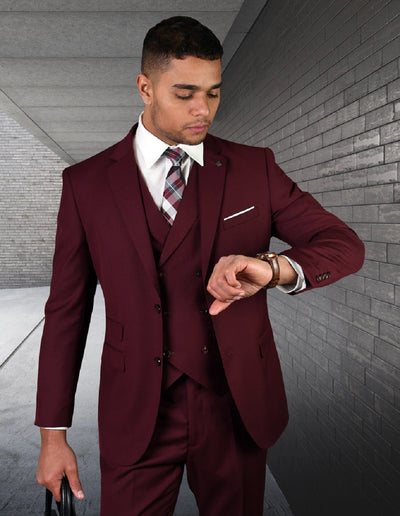 Mens 2 Button Slim Fit Wool Suit With Double Breasted Vest in Burgundy 1 LAZIO_BURGUNDY_52R  - from alligatorwarehouse.com