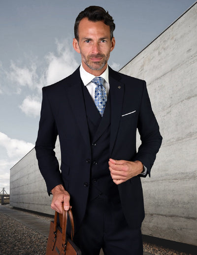 Mens 2 Button Slim Fit Wool Suit With Double Breasted Vest in Navy Blue 1 LAZIO_NAVY_44R  - from alligatorwarehouse.com