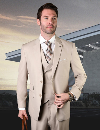 Mens 2 Button Slim Fit Wool Suit With Double Breasted Vest in Tan 1 MESSINA_TAN_40R  - from alligatorwarehouse.com