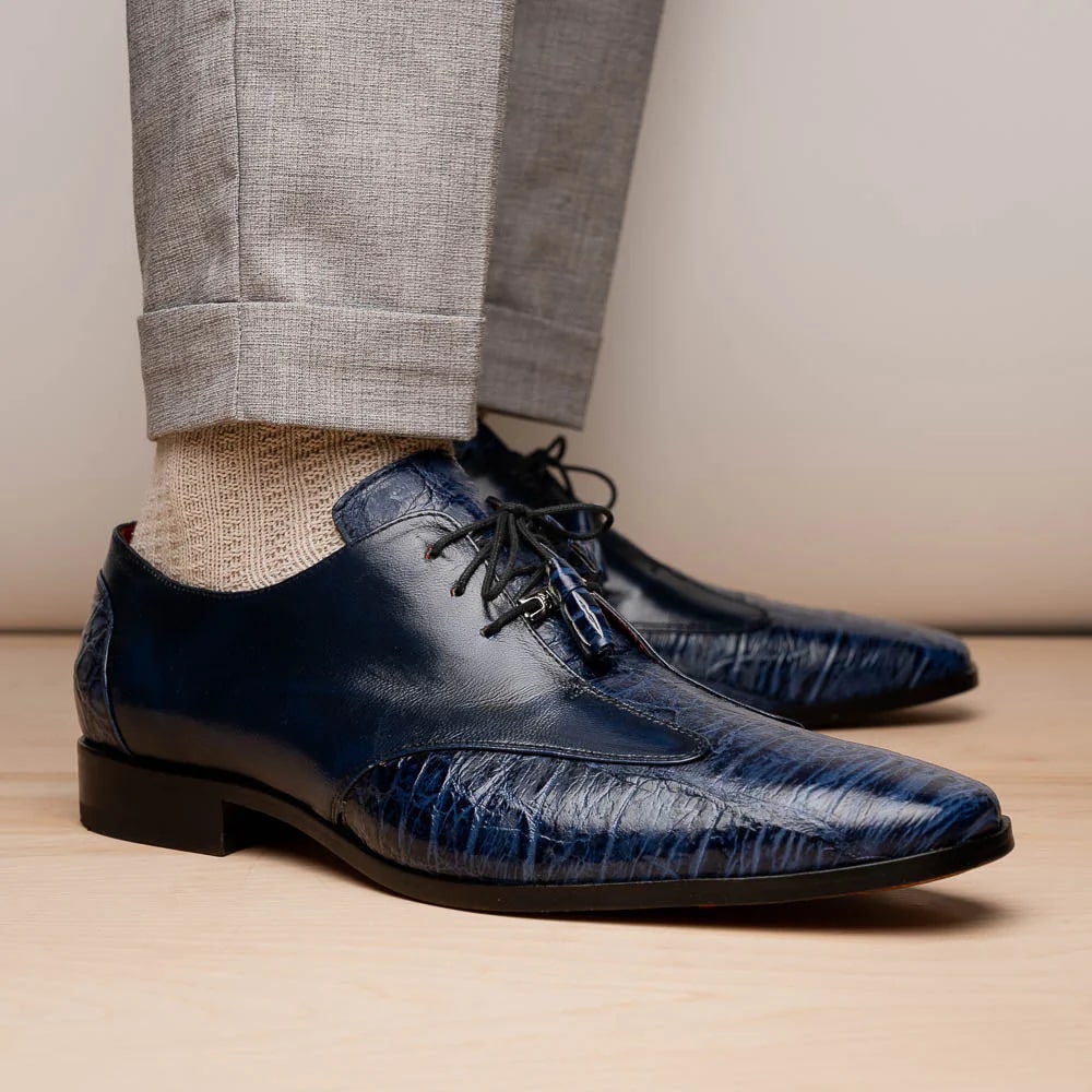 Marco Di Milano Anzio Exotic Alligator & Calfskin Leather Blue Oxfords