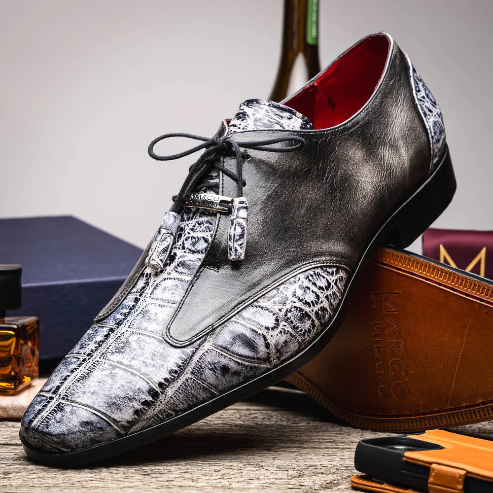 Marco Di Milano Anzio Exotic Alligator & Calfskin Leather Newspaper & Gray Oxfords