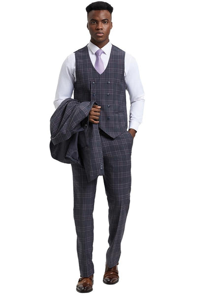 Men's Stacy Adams One Button Peak Lapel Double Breasted Vest Suit in Charcoal Grey Plaid 4 SM170H1-11-38R  - from alligatorwarehouse.com