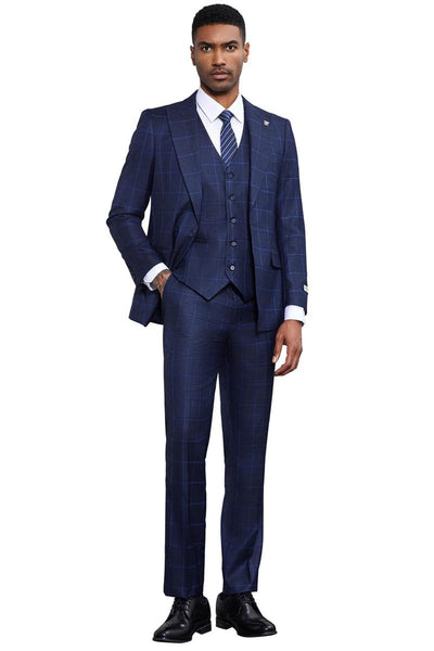 Men's Stacy Adams Classic One Button Vested Windowpane Suit in Navy Blue 2 SM178H1-50-38R  - from alligatorwarehouse.com