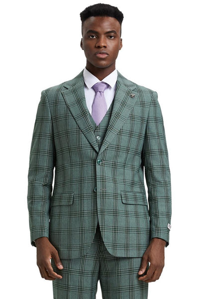 Men's Stacy Adams Two Button Vested Glen Plaid Check Suit in Light Olive Green 1 SM166H1-05-38R  - from alligatorwarehouse.com