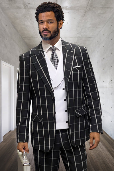 Men's Designer One Button Peak Lapel Vested Wool Suit in Black & White Bold Windowpane Plaid 1 Lucci-Black-White-36S  - from alligatorwarehouse.com