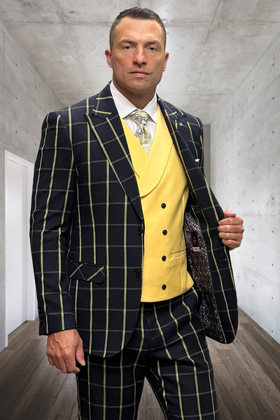 Men's Designer One Button Peak Lapel Vested Wool Suit in Black & Yellow Bold Windowpane Plaid 1 Lucci-Black-Yellow-36S  - from alligatorwarehouse.com