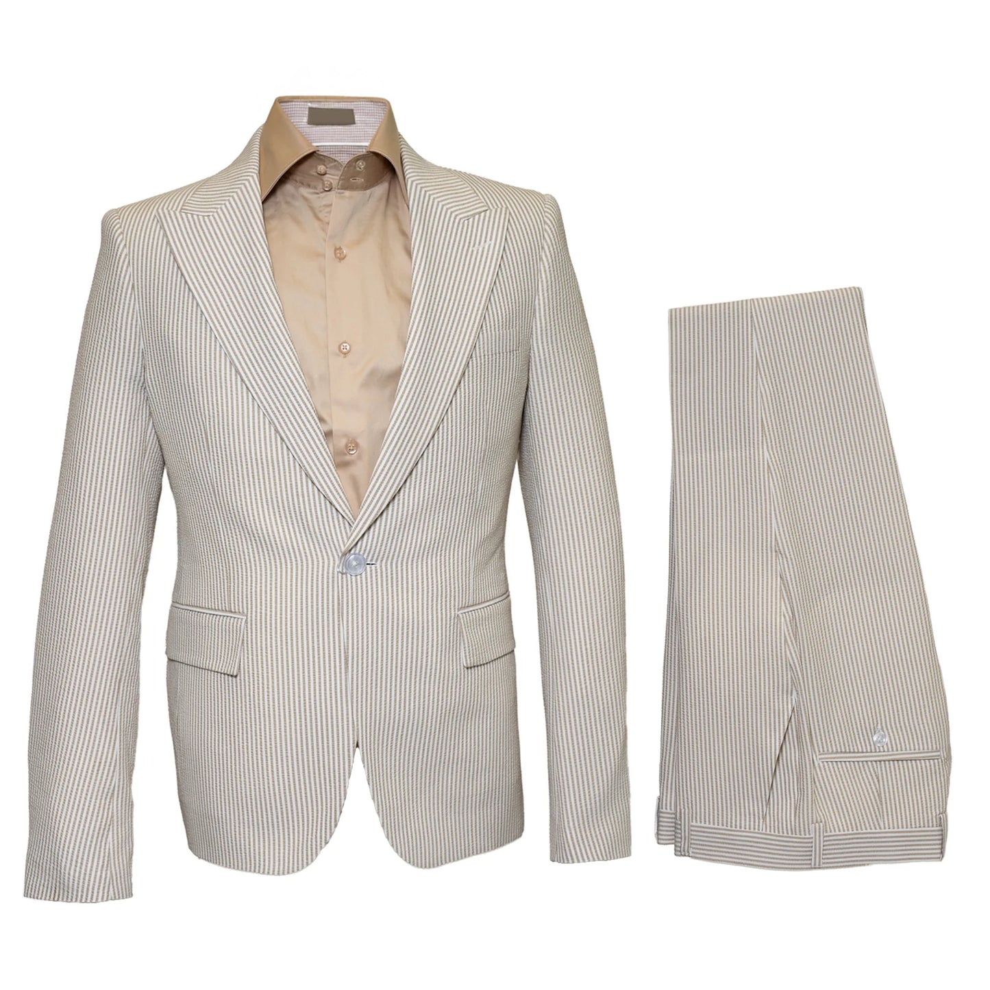 Seersucker Suit Peak Lapel Suit in Color "Beige" - Summer Fabric Tone on Tone Shadow Stripe By Rossiman