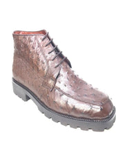 Los Altos Brown Ostrich Quill All-Over Lace Up Ankle Boots