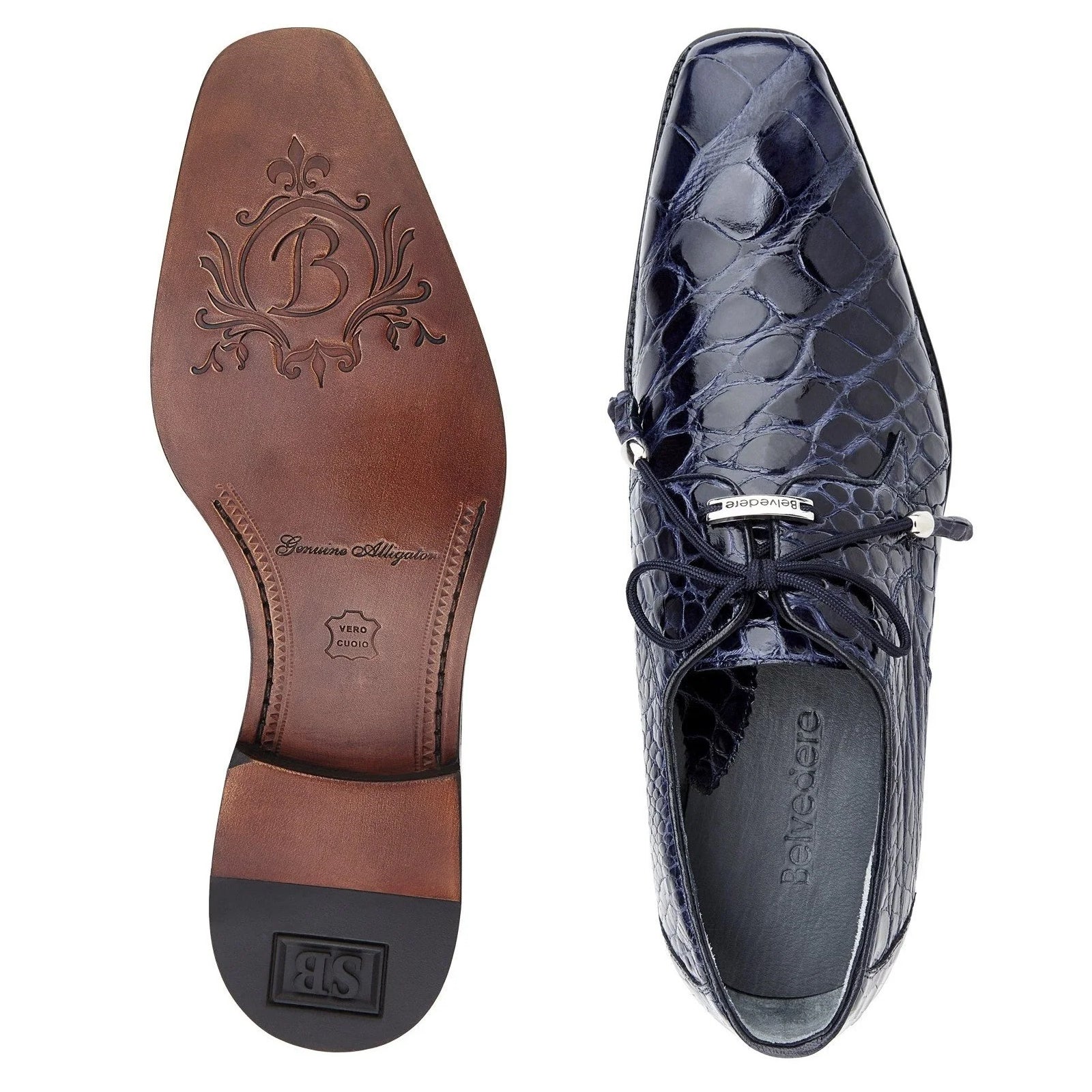 Men's Belvedere Lago Plain Toe American Alligator Dress Shoe in Navy 2 MEN 14010 NAVY-M-09  - from alligatorwarehouse.com