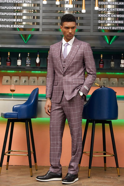 Men's Stacy Adam's One Button Vested Modern Fit Lavender Suit Windowpane Plaid 2 37-6784  - from alligatorwarehouse.com