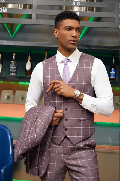 Men's Stacy Adam's One Button Vested Modern Fit Lavender Suit Windowpane Plaid 1 37-6784  - from alligatorwarehouse.com