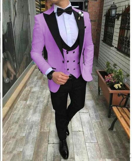 Mens One Button Notch Lapel Single Breasted Suit Lavender - Slim Fitted