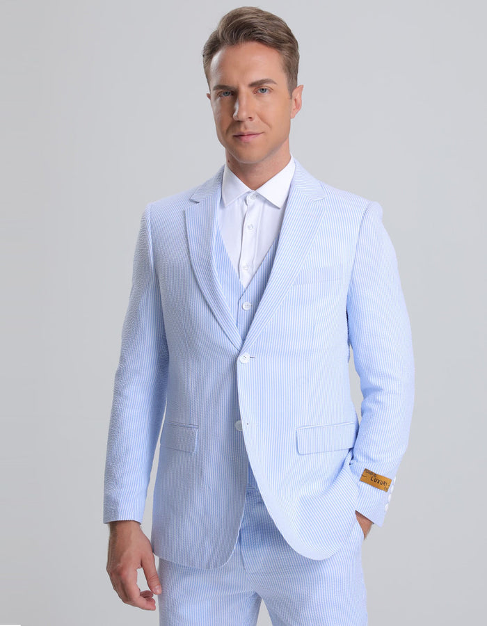 Mens Jacket + Pants Summer Seersucker Suit in Blue Pinstripe