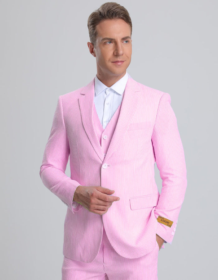 Mens Jacket + Pants Summer Seersucker Suit in Pink Pinstripe