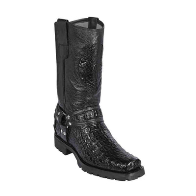 Los Altos Men's Black Genuine Caiman Leather Biker Boots 1   - from alligatorwarehouse.com