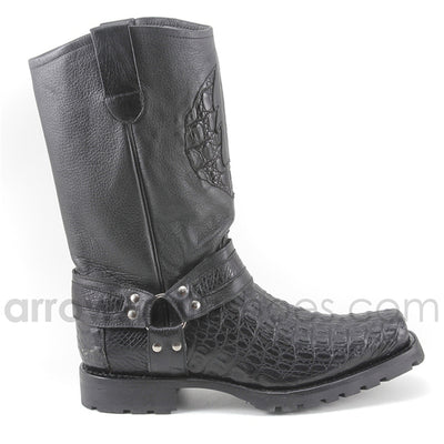 Los Altos Men's Black Genuine Caiman Leather Biker Boots 3   - from alligatorwarehouse.com