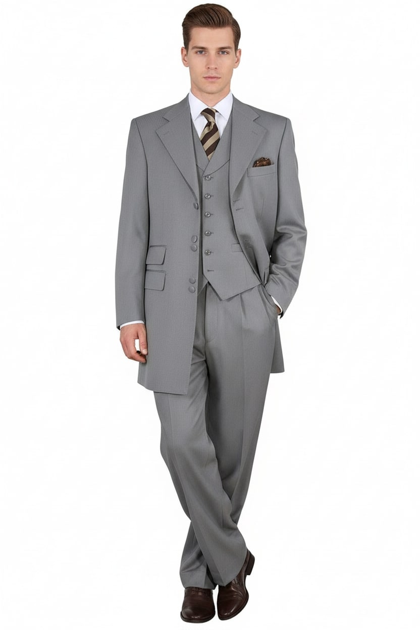 Mens Zoot Suit - Light Gray 3-Piece Suit with Vest – Classic Business and Wedding Formal Wear - 1920s Fashion 1   - from alligatorwarehouse.com