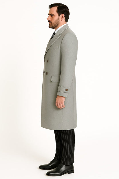 Mens Light Gray Double-Breasted Wool Overcoat – Classic Long Dress Coat for Winter
