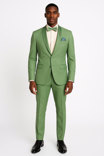 Light Green Tuxedo Suit for Men – Satin Lapel Wedding and Prom Suit in Color Sage Green Tuxedo