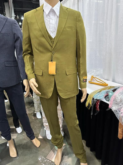 Mens Light Olive Green Linen Suit Three-Piece Style  ƒ?? Formal Suit with Vest and Flat Front Pants 4   - from alligatorwarehouse.com