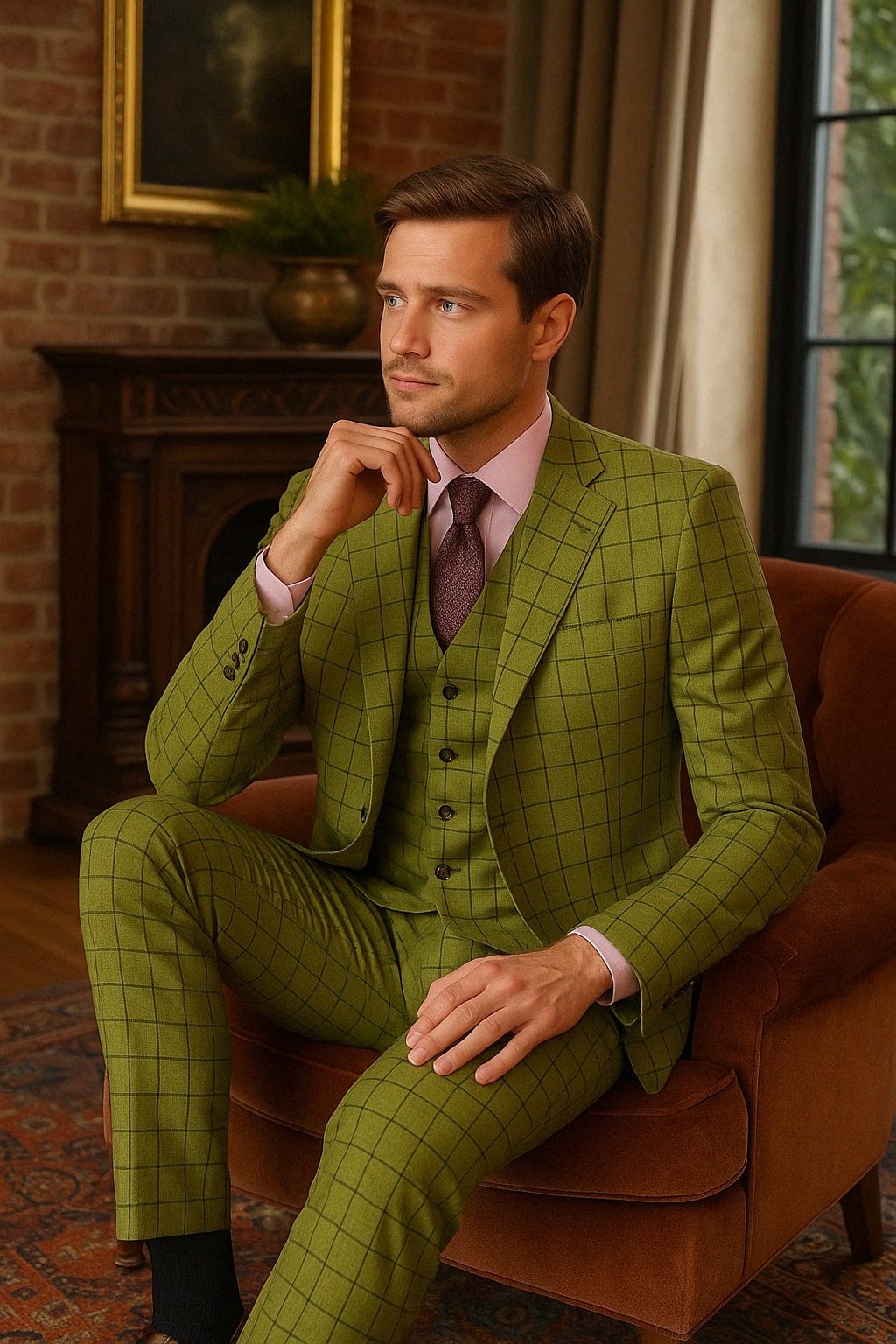Mens Light Olive Green Three-Piece Plaid Suit with Notch Lapel - Sage Green Windowpane Pattern