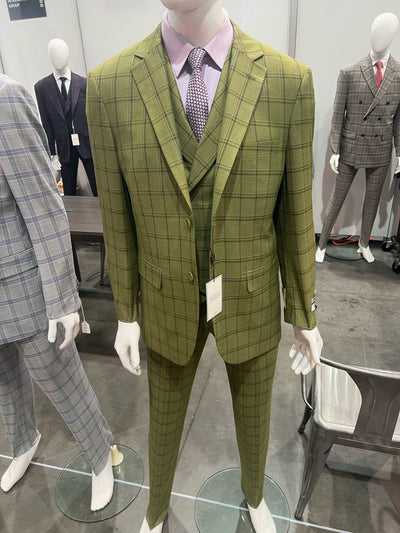 Mens Light Olive Green Three-Piece Plaid Suit with Notch Lapel - Sage Green Windowpane Pattern 4   - from alligatorwarehouse.com