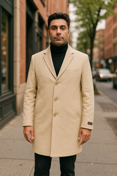 Mens Beige Wool Overcoat with Classic Notch Lapel and Single-Breasted Closure - Light Tan Sand Color 3   - from alligatorwarehouse.com