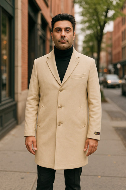 Mens Beige Wool Overcoat with Classic Notch Lapel and Single-Breasted Closure - Light Tan Sand Color