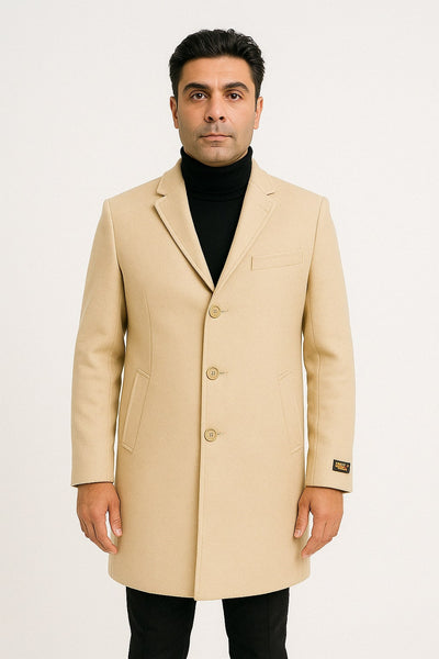 Mens Beige Wool Overcoat with Classic Notch Lapel and Single-Breasted Closure - Light Tan Sand Color 1   - from alligatorwarehouse.com