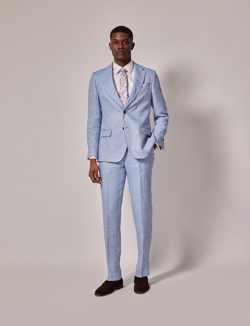 Mens Linen Suit For Beach Wedding - Summer  Suit in Light Blue Herringbone