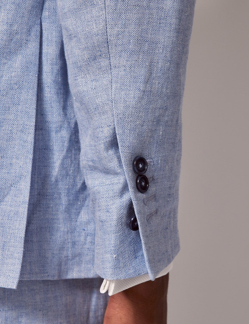 Mens Linen Suit For Beach Wedding - Summer  Suit in Light Blue Herringbone