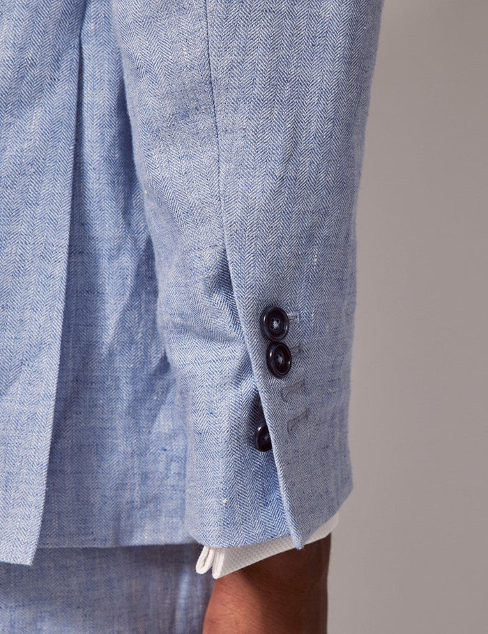 Mens Linen Suit For Beach Wedding - Summer  Suit in Light Blue Herringbone