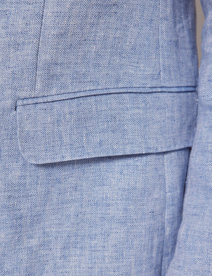 Mens Linen Suit For Beach Wedding - Summer  Suit in Light Blue Herringbone