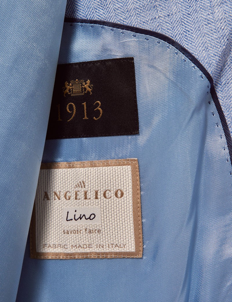 Mens Linen Suit For Beach Wedding - Summer  Suit in Light Blue Herringbone