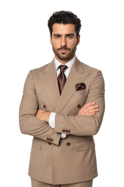 Suits With Baggy Pleated Pants - Wide Leg Pants 100% Wool - Classic Fit in Light Brown with Brown Pinstripe Color by Rossiman 5   - from alligatorwarehouse.com