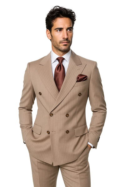 Suits With Baggy Pleated Pants - Wide Leg Pants 100% Wool - Classic Fit in Light Brown with Brown Pinstripe Color by Rossiman 4   - from alligatorwarehouse.com