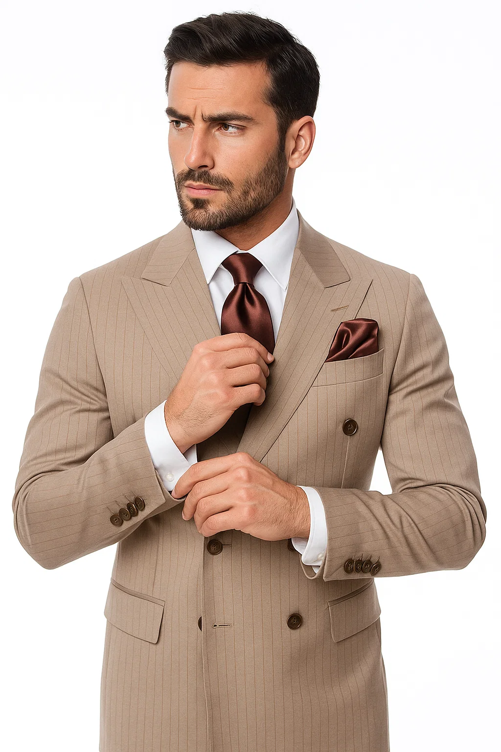 Suits With Baggy Pleated Pants - Wide Leg Pants 100% Wool - Classic Fit in Light Brown with Brown Pinstripe Color by Rossiman 3   - from alligatorwarehouse.com