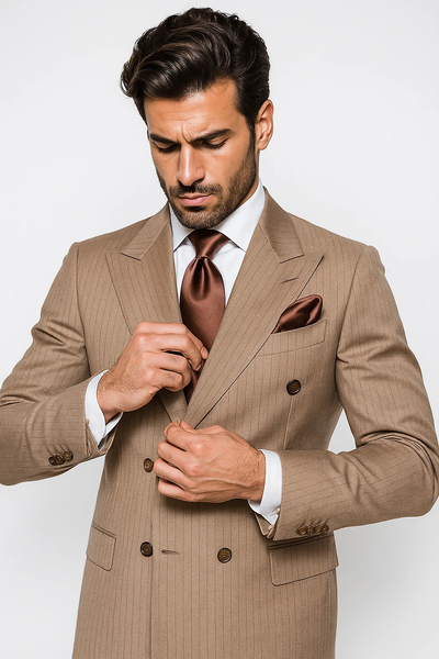 Suits With Baggy Pleated Pants - Wide Leg Pants 100% Wool - Classic Fit in Light Brown with Brown Pinstripe Color by Rossiman 2   - from alligatorwarehouse.com