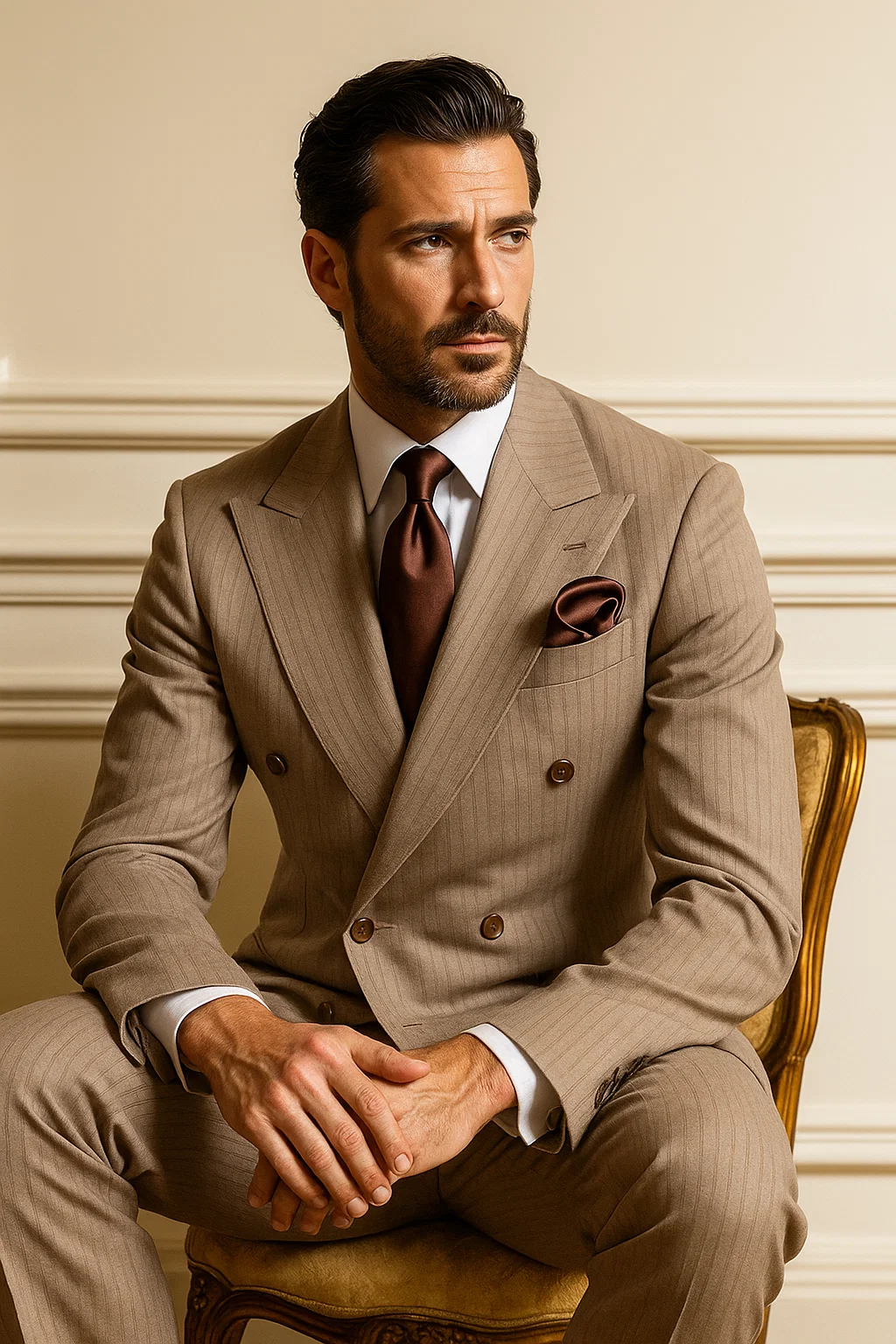 Suits With Baggy Pleated Pants - Wide Leg Pants 100% Wool - Classic Fit in Light Brown with Brown Pinstripe Color by Rossiman 7   - from alligatorwarehouse.com