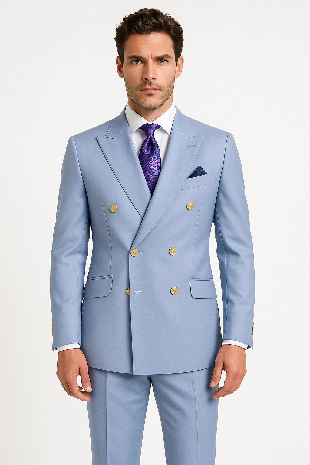Mens Light Blue Double-Breasted Suits with Gold Button Slim Fit 2-Piece Formal Set in Sky Blue Color