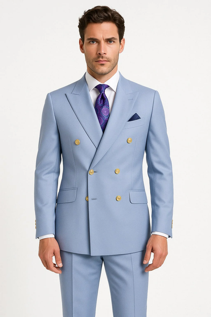 Mens Light Blue Double-Breasted Suits with Gold Button Slim Fit 2-Piece Formal Set in Sky Blue Color