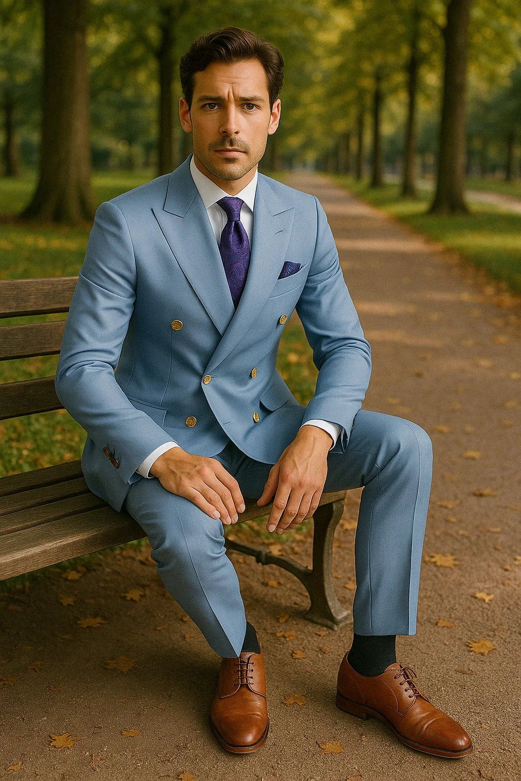 Mens Light Blue Double-Breasted Suits with Gold Button Slim Fit 2-Piece Formal Set in Sky Blue Color