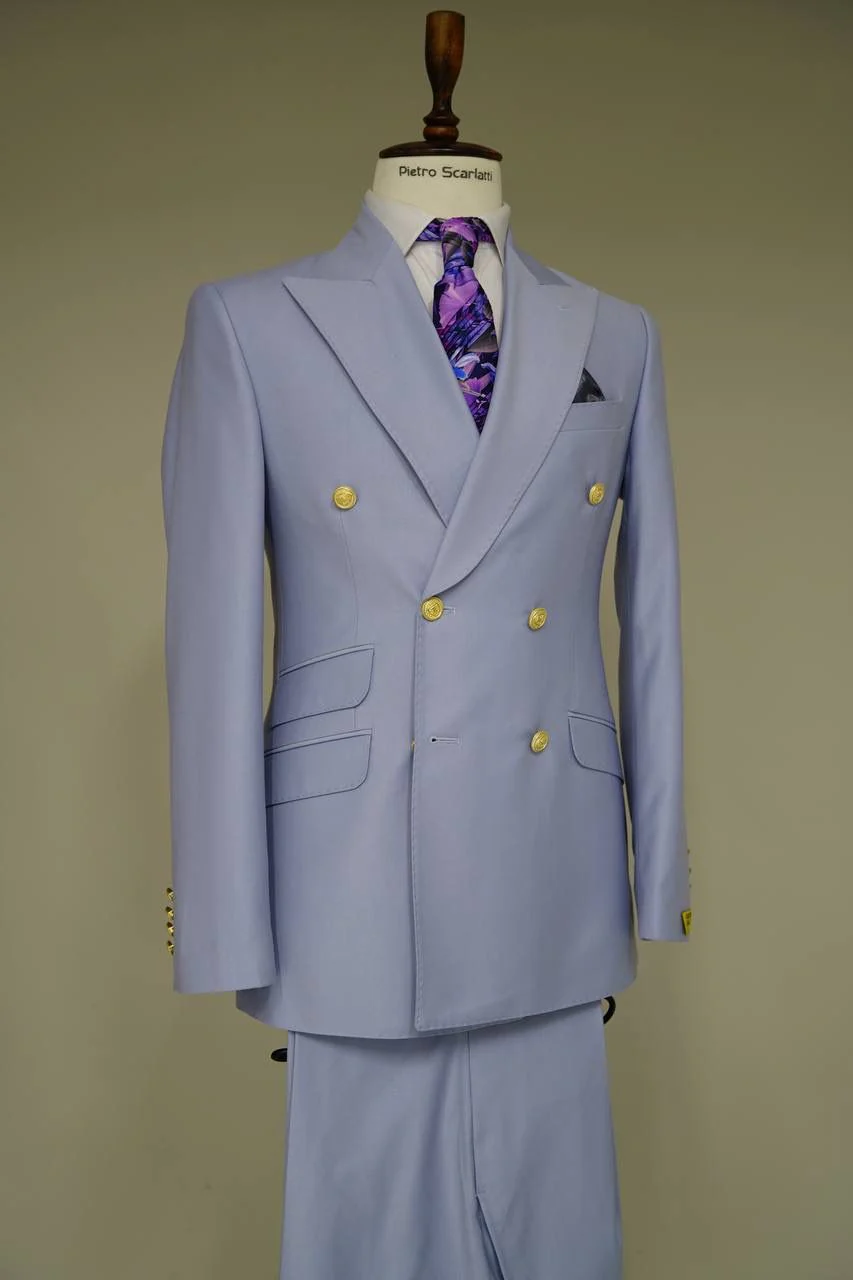 Mens Light Blue Double-Breasted Suits with Gold Button Slim Fit 2-Piece Formal Set in Sky Blue Color
