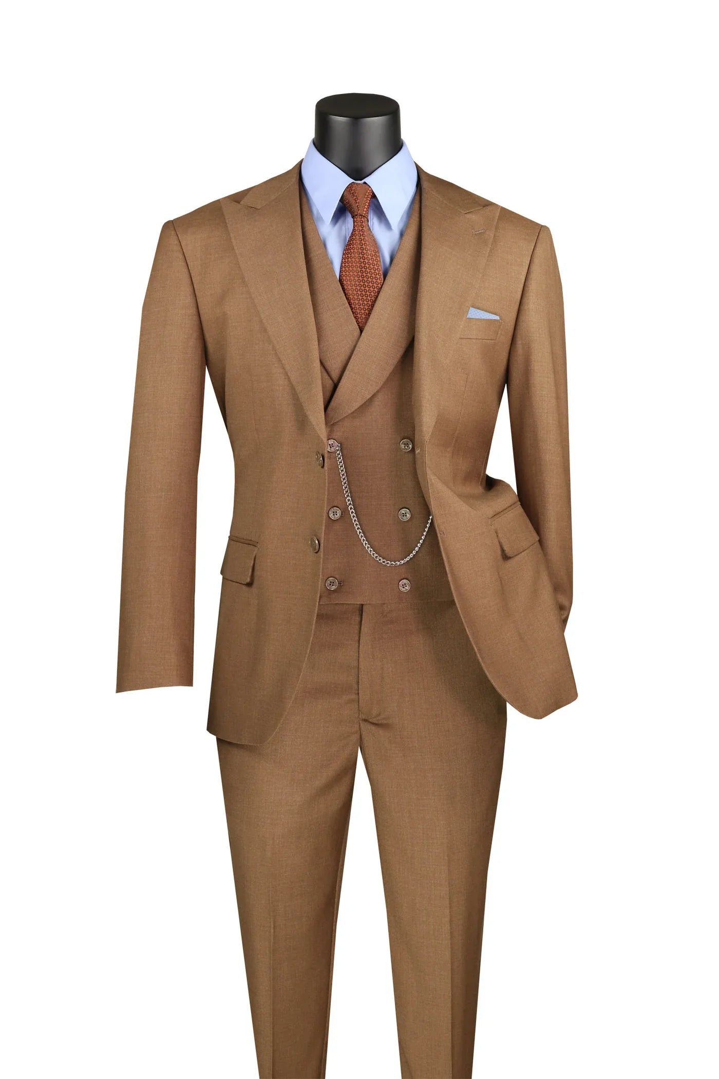 Light Brown Modern Fit 3-Piece Suit with Lapel Vest & Adjustable Pants 1 SO1MV2K-2_LightBrown_38S  - from alligatorwarehouse.com