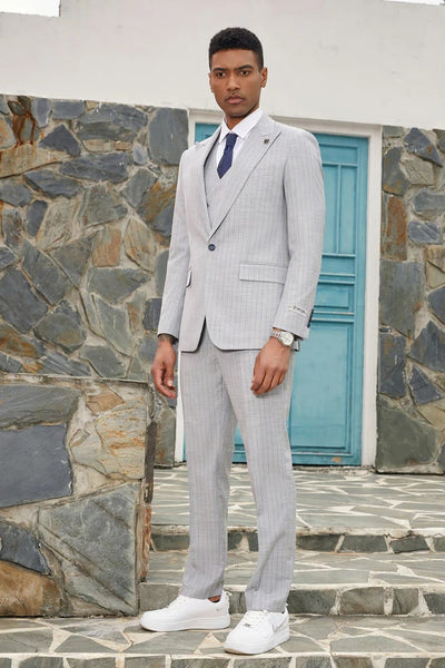 Light Grey Suit - Silver Gray Suit For Wedding - Men's Stacy Adams Vested One Button Peak Lapel Light Grey Pinstripe Suit 3   - from alligatorwarehouse.com