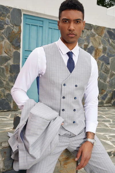 Light Grey Suit - Silver Gray Suit For Wedding - Men's Stacy Adams Vested One Button Peak Lapel Light Grey Pinstripe Suit 2   - from alligatorwarehouse.com