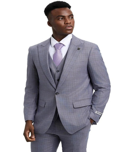 Light Grey Suit - Silver Gray Suit For Wedding - Men's Stacy Adams Vested One Button Wide Peak Lapel Windowpane Light Grey Plaid Suit 5   - from alligatorwarehouse.com